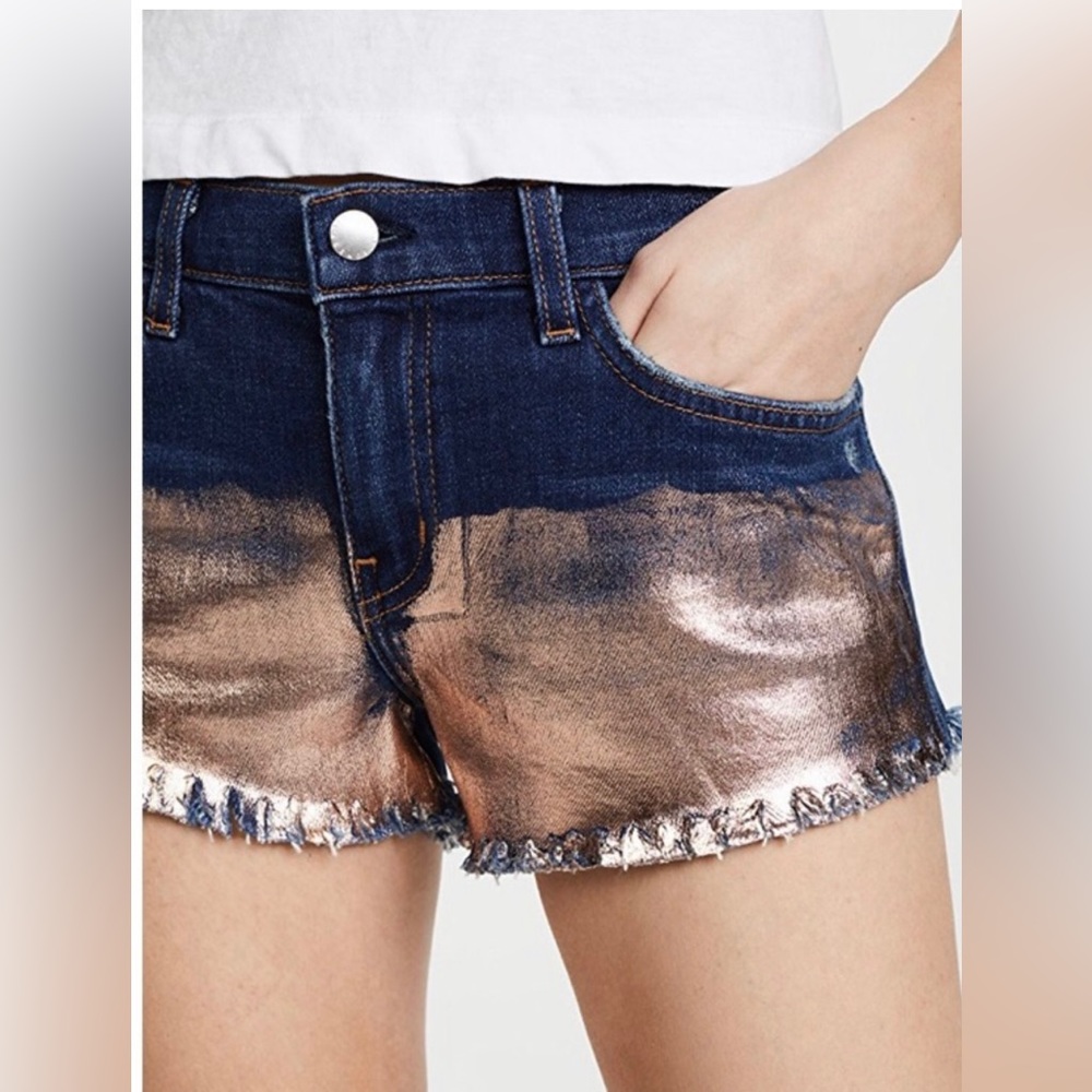 L’AGENCE ZOE Foil Rose Gold Denim Cutoff fringed Stretch Shorts Sz 27 NWT